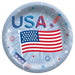 Round paper plate with "USA" text, American flag, fireworks, and stars on a light blue background.