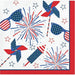 White napkins with red and blue fireworks, pinwheels, and stars in a patriotic American flag design, set of 16.