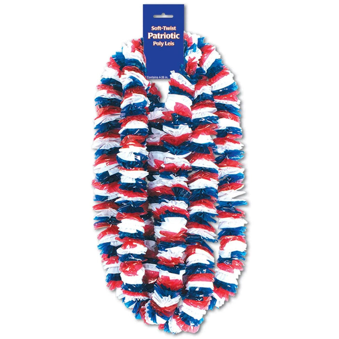 Red, white, and blue twisted poly lei necklace with packaging header displayed against a white background.