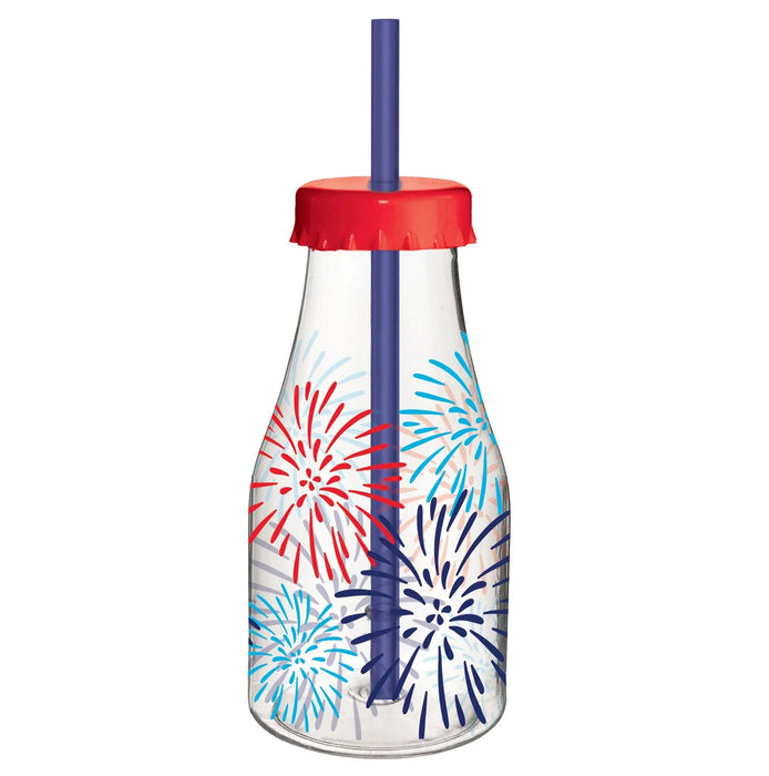 Clear plastic bottle with red, white, and blue firework designs, red screw-on cap, and dark blue straw inserted through the top.