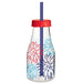 Clear plastic bottle with red, white, and blue firework designs, red screw-on cap, and dark blue straw inserted through the top.