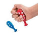 Hand holding a red stress toy bat with white dots, with a blue star-patterned bat shown separately below.