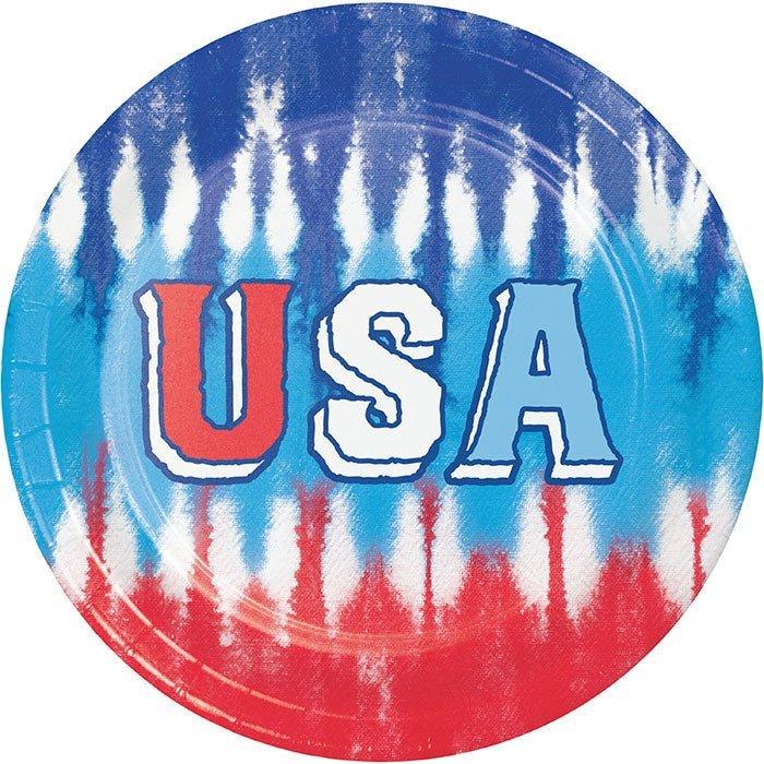 Round paper plate with tie-dye design in red, white, and blue with "USA" text in the center.