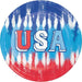 Round paper plate with tie-dye design in red, white, and blue with "USA" text in the center.