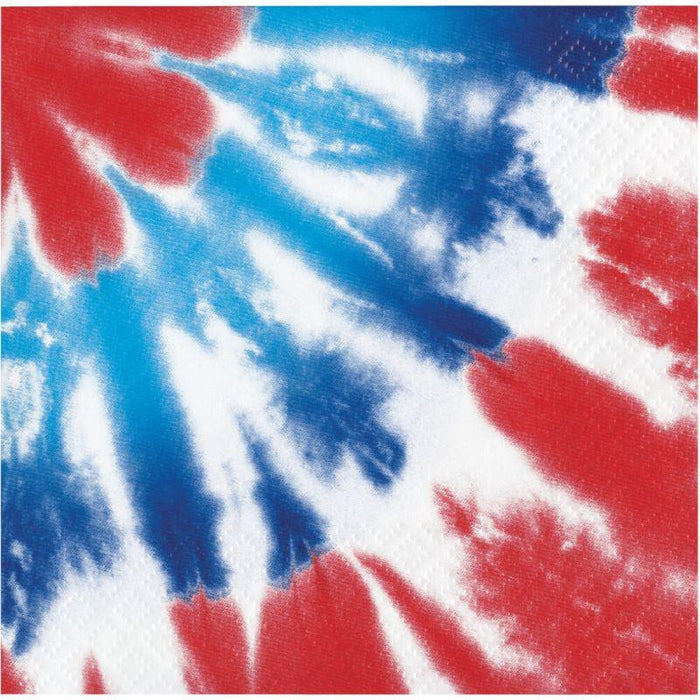 Red, white, and blue tie-dye patterned beverage napkins featuring swirled clouds and striped design.