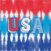 Red, white, and blue tie-dye patterned paper napkin with "USA" text in the center, featuring a patriotic design with vertical streaks.