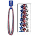 Two strands of red, silver, and blue star-shaped beads in patriotic colors arranged in alternating patterns on a blue package labeled Star Beads 6.