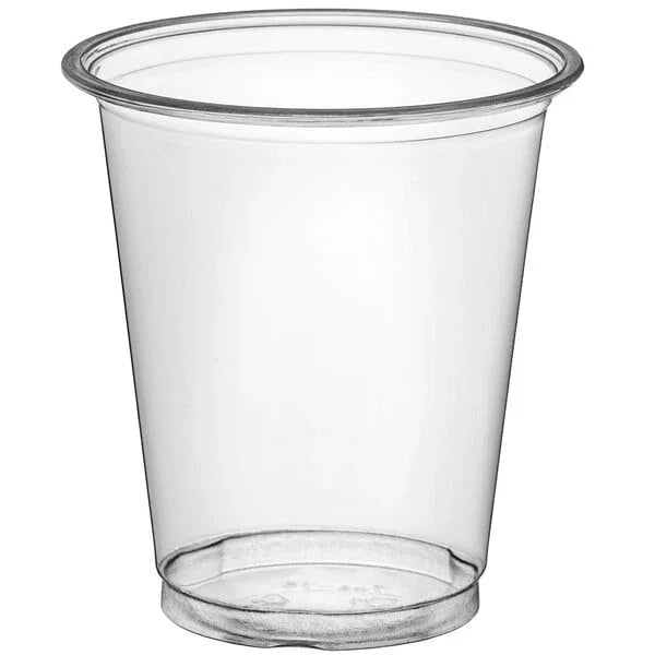Clear plastic disposable cup with ribbed rim and flat bottom, shown empty against white background.