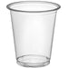Clear plastic disposable cup with ribbed rim and flat bottom, shown empty against white background.