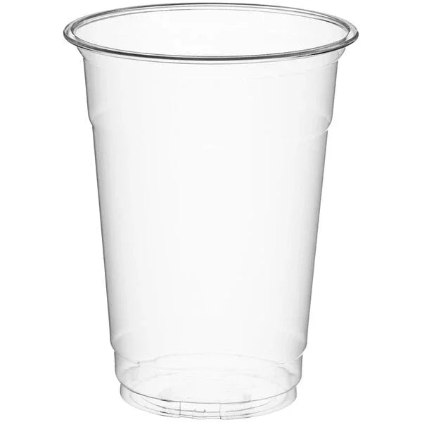 Clear plastic 16-ounce cup with ridged rim and rounded base, shown empty against a white background.