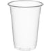 Clear plastic 16-ounce cup with ridged rim and rounded base, shown empty against a white background.