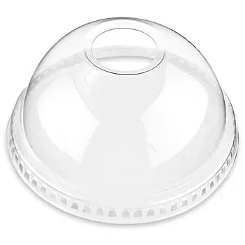Clear plastic dome lid with a center hole, featuring a ribbed base and smooth curved top for holding beverages.