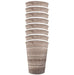 Eight tapered paper cups with a weathered wood grain texture in gray and tan tones, banded with white spacing between each cup.