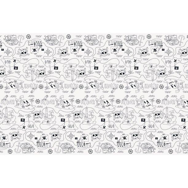 White paper tablecover featuring a repeating pirate-themed pattern with skulls, ships, anchors, treasure chests, stars, and nautical elements in black line drawings.