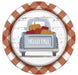 Round paper plate with rust and white gingham border featuring an illustration of a vintage truck loaded with pumpkins and "Hello Fall" text on white shiplap background.