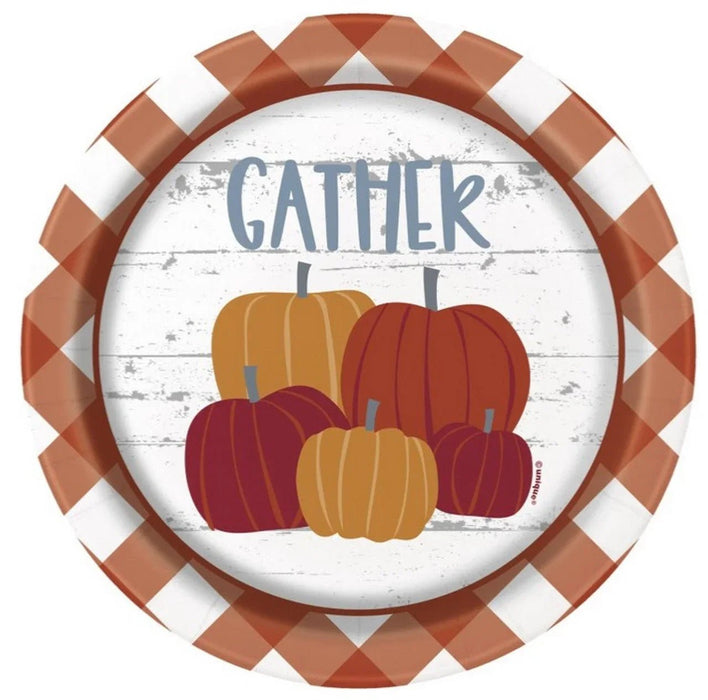 Round paper plates with white shiplap center, blue "GATHER" text, five illustrated pumpkins in gold and deep red, surrounded by rust and white gingham checkered border.
