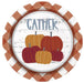 Round paper plates with white shiplap center, blue "GATHER" text, five illustrated pumpkins in gold and deep red, surrounded by rust and white gingham checkered border.