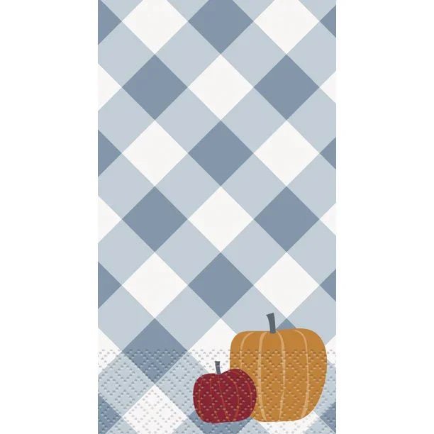 Guest towel napkins featuring a blue and white gingham diamond pattern with a red apple and orange pumpkin illustration at the bottom.