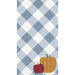 Guest towel napkins featuring a blue and white gingham diamond pattern with a red apple and orange pumpkin illustration at the bottom.