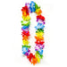 Colorful tropical lei garland strung with vibrant rainbow flowers in red, orange, yellow, green, blue, and purple hues arranged in a continuous loop against a white background.