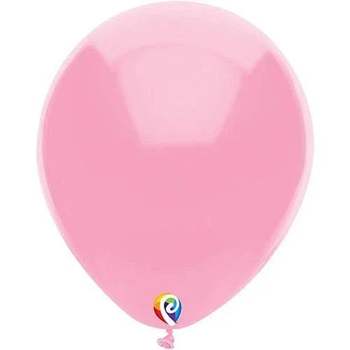 Single pink latex balloon with a colorful logo at the base, shown inflated against a white background.
