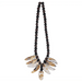 Two strands of dark beads suspend a cluster of translucent brown and cream carved bone tooth-shaped pendants with a small skull charm at the center bottom.