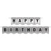 Gray pennant-shaped banner bunting with black letters spelling "HAPPY BIRTHDAY" arranged on two rows suspended by string.
