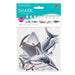Shark Streamer Set packaging showing a turquoise box with a large great white shark cutout and smaller shark designs, plus a cone-shaped streamer garland displayed above.