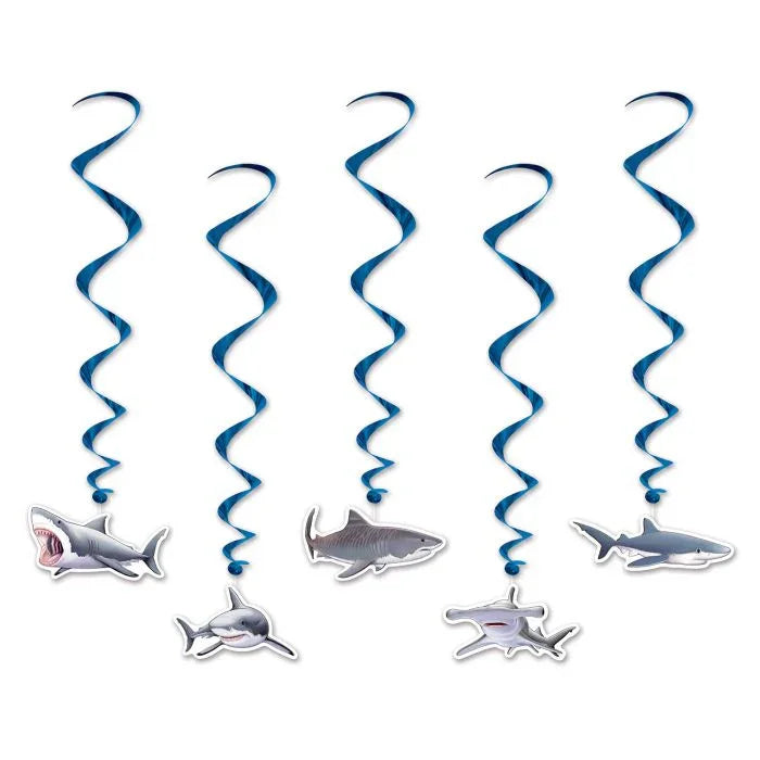 Five blue spiral hanging decorations with attached shark cutouts in various species including a great white, hammerhead, and bull shark.