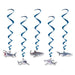 Five blue spiral hanging decorations with attached shark cutouts in various species including a great white, hammerhead, and bull shark.
