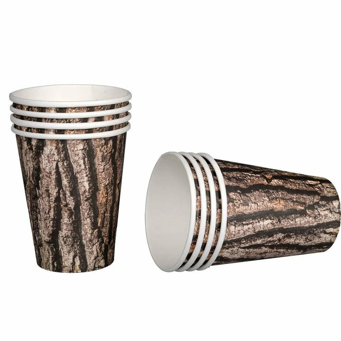 Four disposable paper cups with a wood bark texture design in brown and black tones, featuring white paper rims, shown from two angles.