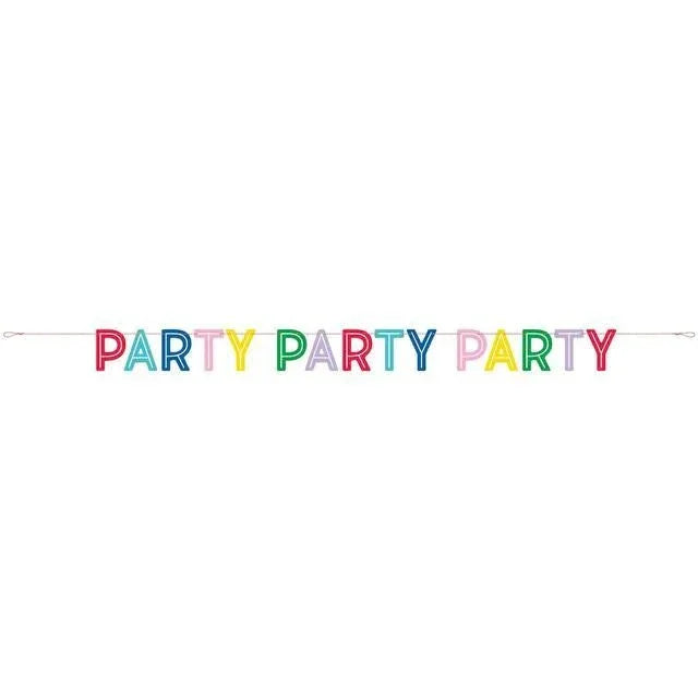 Colorful letter banner spelling "PARTY PARTY PARTY" in rainbow colors strung on a line, approximately 7 feet long.