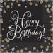 Black luncheon napkin with white cursive "Happy Birthday" text surrounded by gold and silver decorative circles and sparkle accents.