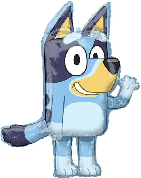 Blue and yellow cartoon dog character with black eye patch, large expressive eyes, and pointed ears on a clear mylar balloon.