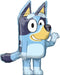 Blue and yellow cartoon dog character with black eye patch, large expressive eyes, and pointed ears on a clear mylar balloon.