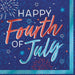 Navy cocktail napkin with "Happy Fourth of July" in red and turquoise lettering, surrounded by blue fireworks, stars, and sparkles.