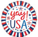 Round foil balloon with red and blue striped ruffled edge, white center, red "yay!" text and blue "USA" text surrounded by red and blue stars.