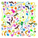 Colorful assortment of approximately 100 small sticky toys including slugs, frogs, hands, lizards, and other creatures in bright colors like green, purple, blue, orange, and yellow, arranged on white background with several labeled containers visible.