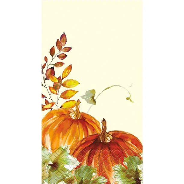 Watercolor illustration of two orange pumpkins with autumn leaves in shades of red, yellow, and green on a cream background.