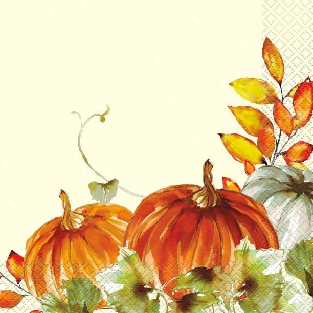 Watercolor illustration of orange and red pumpkins with autumn leaves in yellow and orange on a cream-colored napkin.