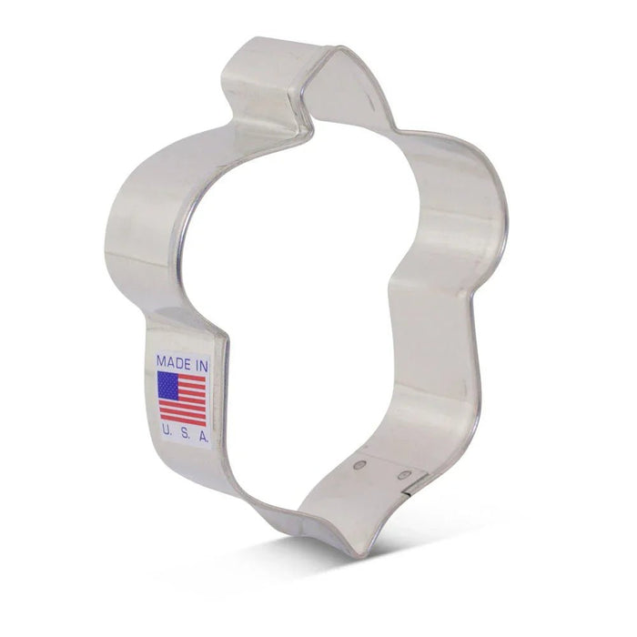 Clear plastic acorn-shaped cookie cutter with a tab at the top and a "Made in U.S.A." label with an American flag on the side.