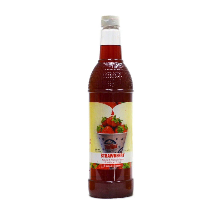 A 25-ounce bottle of red strawberry-flavored syrup with a yellow label featuring fresh strawberries and Gold Medal branding.