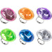 Six colorful plastic rings with large oval gemstone tops in pink, orange, purple, green, blue, and clear, each mounted on a silver-toned band.