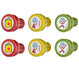 Six colorful character stampers arranged in two rows featuring red, yellow, and green barrels with Dr. Seuss character designs on the tops.