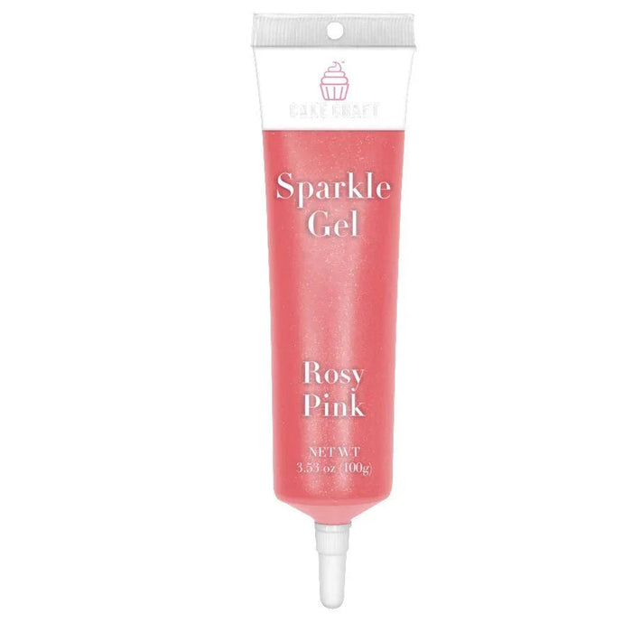 Tube of rosy pink sparkle decorating gel with a white flip-top cap, labeled "Sparkle Gel" and "Rosy Pink," containing 3.5 oz of product.