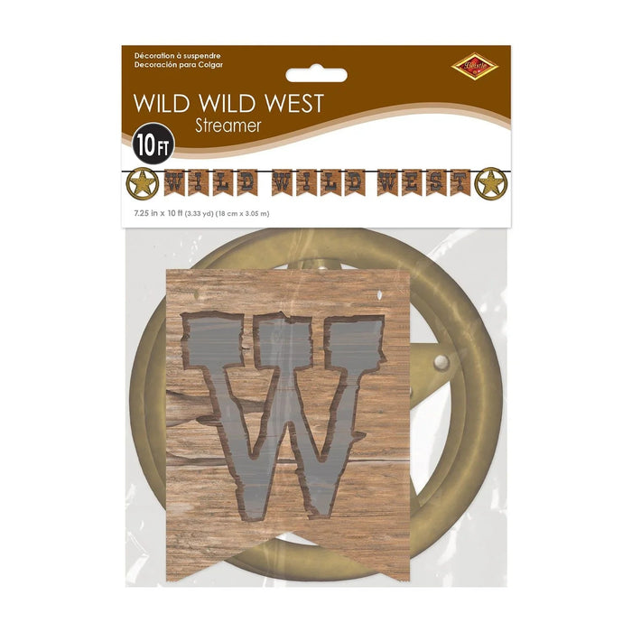 Wild Wild West Streamer decoration featuring a large letter W on wood-textured background with gold star accents and banner pennants, 10 feet long.