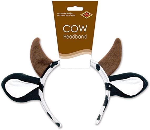 Cow Headband featuring brown plush horns, black fabric ears, and a white elastic band displayed with its brown cardboard packaging.