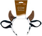 Cow Headband featuring brown plush horns, black fabric ears, and a white elastic band displayed with its brown cardboard packaging.