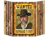 Cardboard Western wanted poster prop with wood grain background, featuring a man in a cowboy hat and tan shirt in the center frame, with "WANTED" text at top and "REWARD $1000" at bottom.
