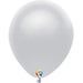 White latex balloon with a colorful logo at the base, part of a 50-count pack.